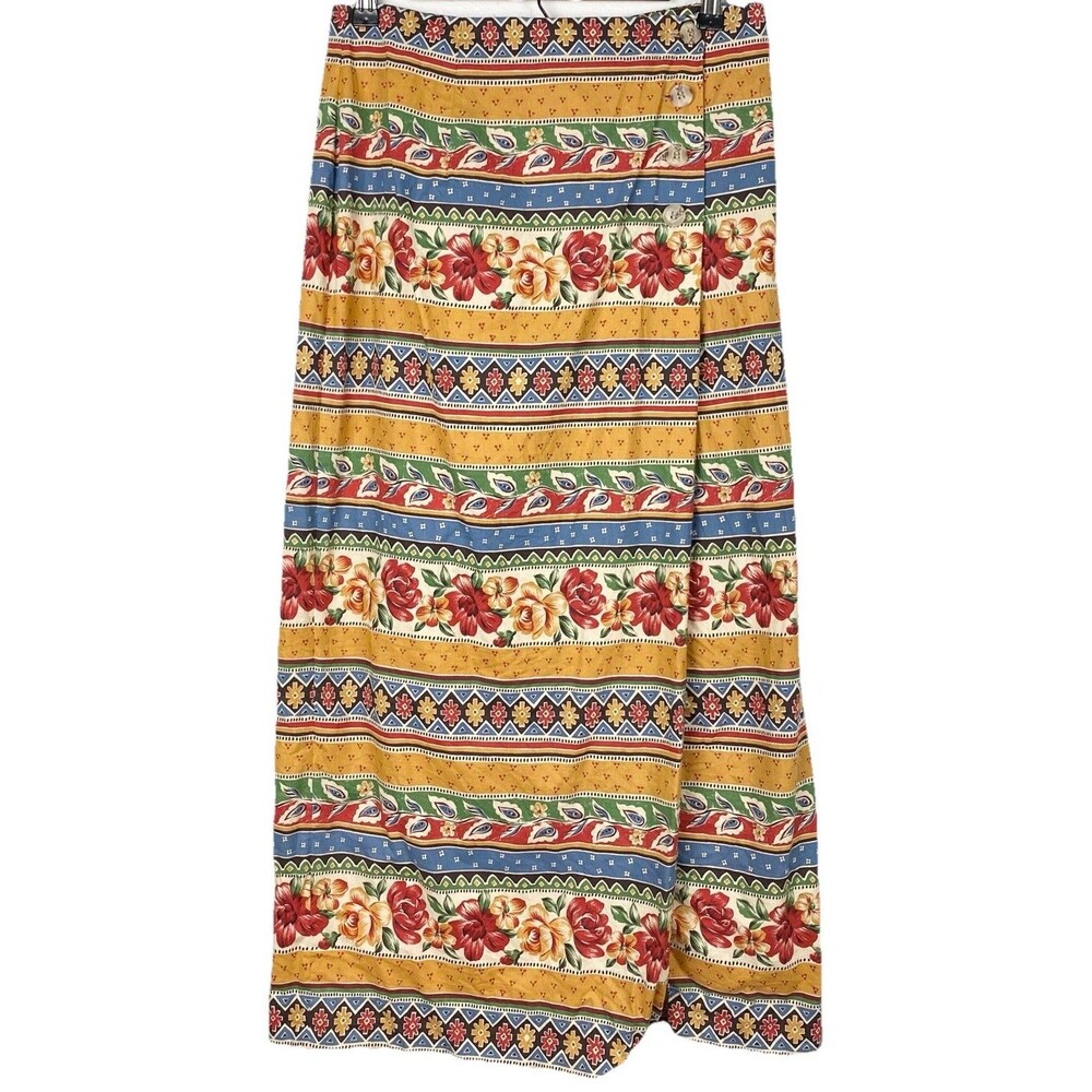 Vintage Breeches Artsy Floral Print Maxi Wrap Cotton Skirt Made in USA Size 10